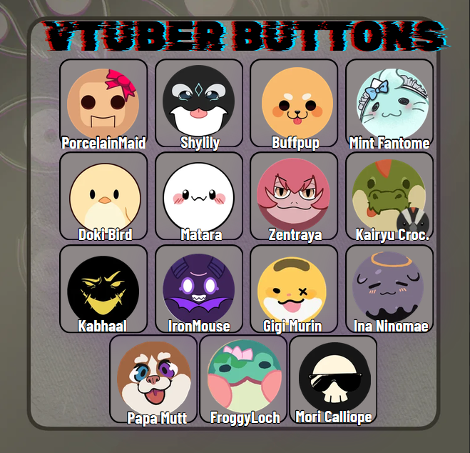 Vtuber Mylar buttons featuring colorful character designs from Deerbits Studios, showcasing vibrant, glossy button artwork.