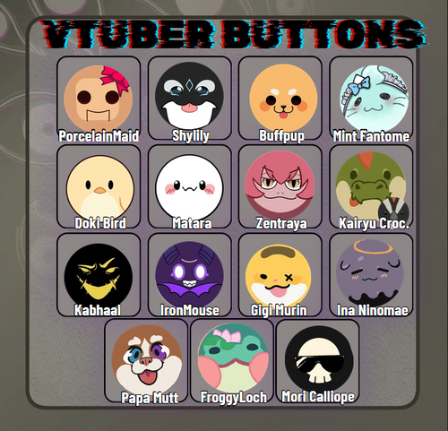 Vtuber Mylar buttons featuring colorful character designs from Deerbits Studios, showcasing vibrant, glossy button artwork.