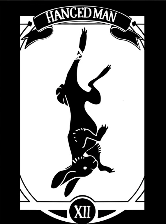 Deerbits Studios Tarot print featuring the Hanged Man card with detailed, artistic illustration on high-quality paper.