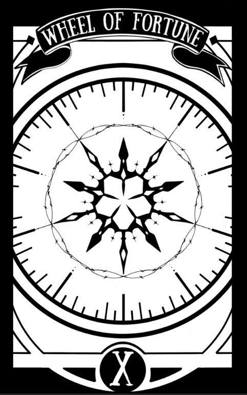 Deerbits Studios Tarot Wheel of Fortune card featuring vibrant, detailed imagery of a spinning wheel with symbolic elements.