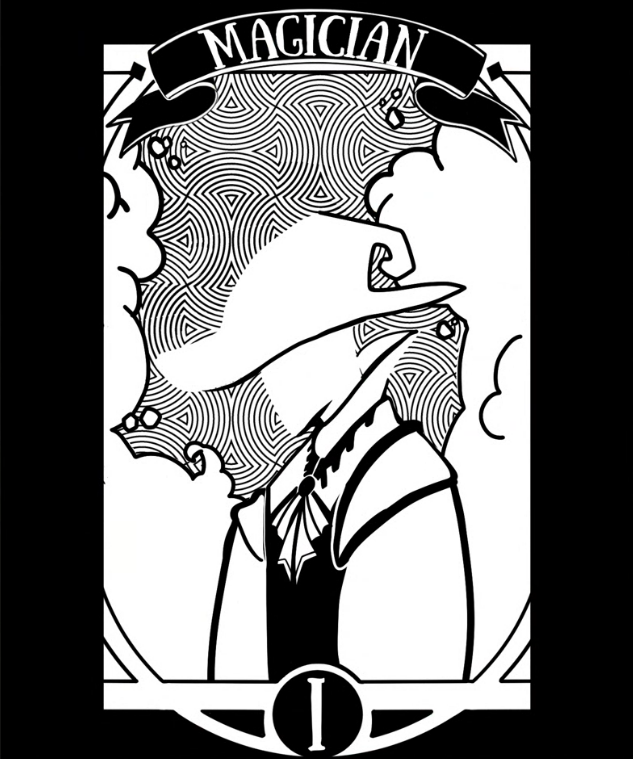 Deerbits Studios Tarot Magician card featuring a magical figure with outstretched hands and mystical symbols on a dark background.