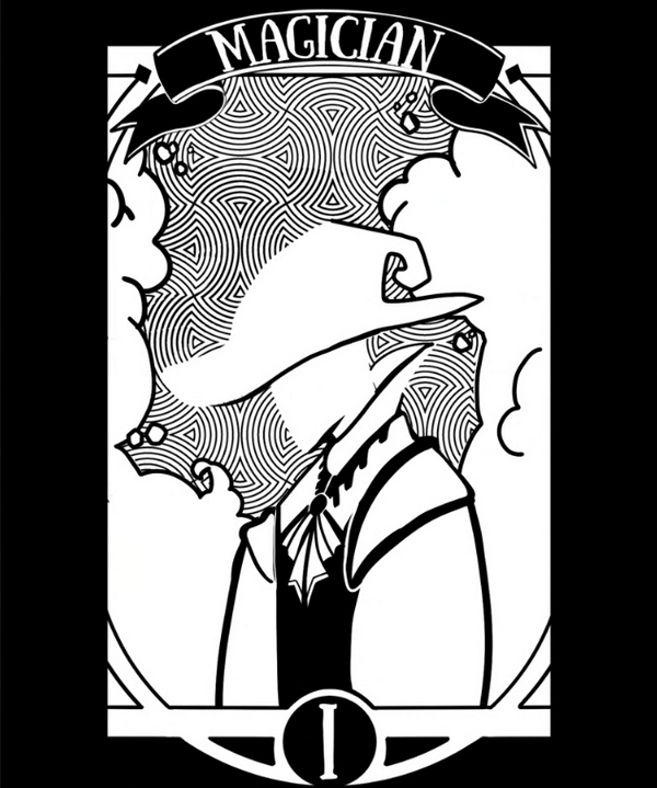 Deerbits Studios Tarot Magician card featuring a magical figure with outstretched hands and mystical symbols on a dark background.
