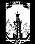 Deerbits Studios Tarot card The Tower featuring an illustration of a collapsing tower with lightning and fiery background.