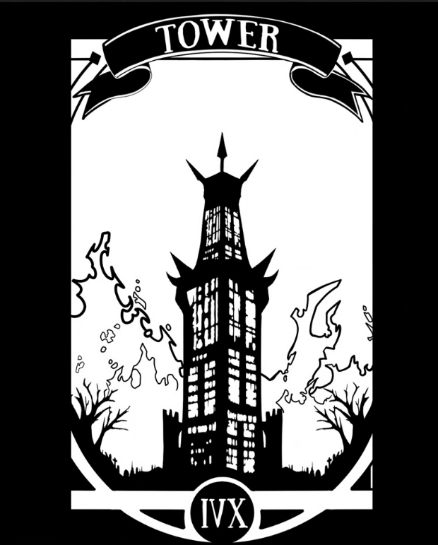 Deerbits Studios Tarot card The Tower featuring an illustration of a collapsing tower with lightning and fiery background.