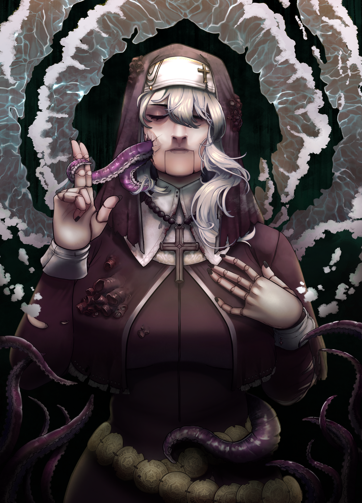 Image of Joel, the drowned nun character from Deerbits Studios' The Drowned Nun, featuring detailed costume and eerie background.