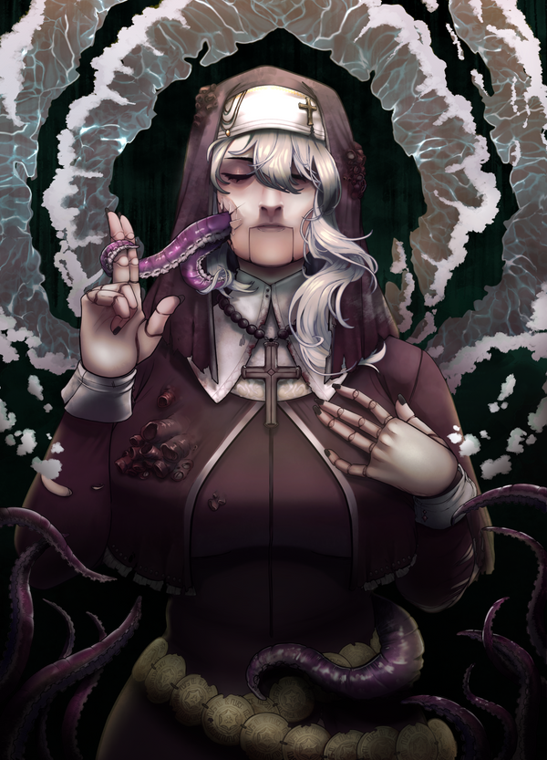 Image of Joel, the drowned nun character from Deerbits Studios' The Drowned Nun, featuring detailed costume and eerie background.