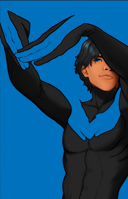 Silhouette of Nightwing character from Deerbits Studios, showcasing a dark, striking figure with wings in a dramatic pose.