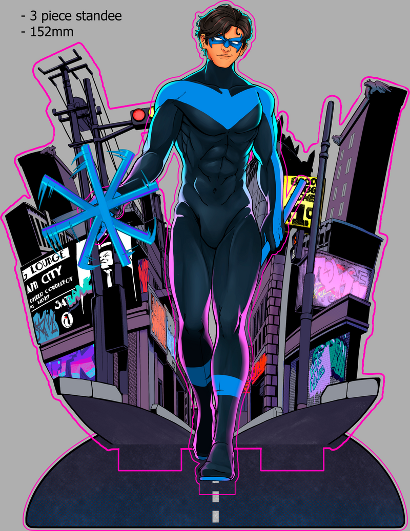Nightwing standee by Deerbits Studios featuring a life-sized image of the superhero in blue and black costume.
