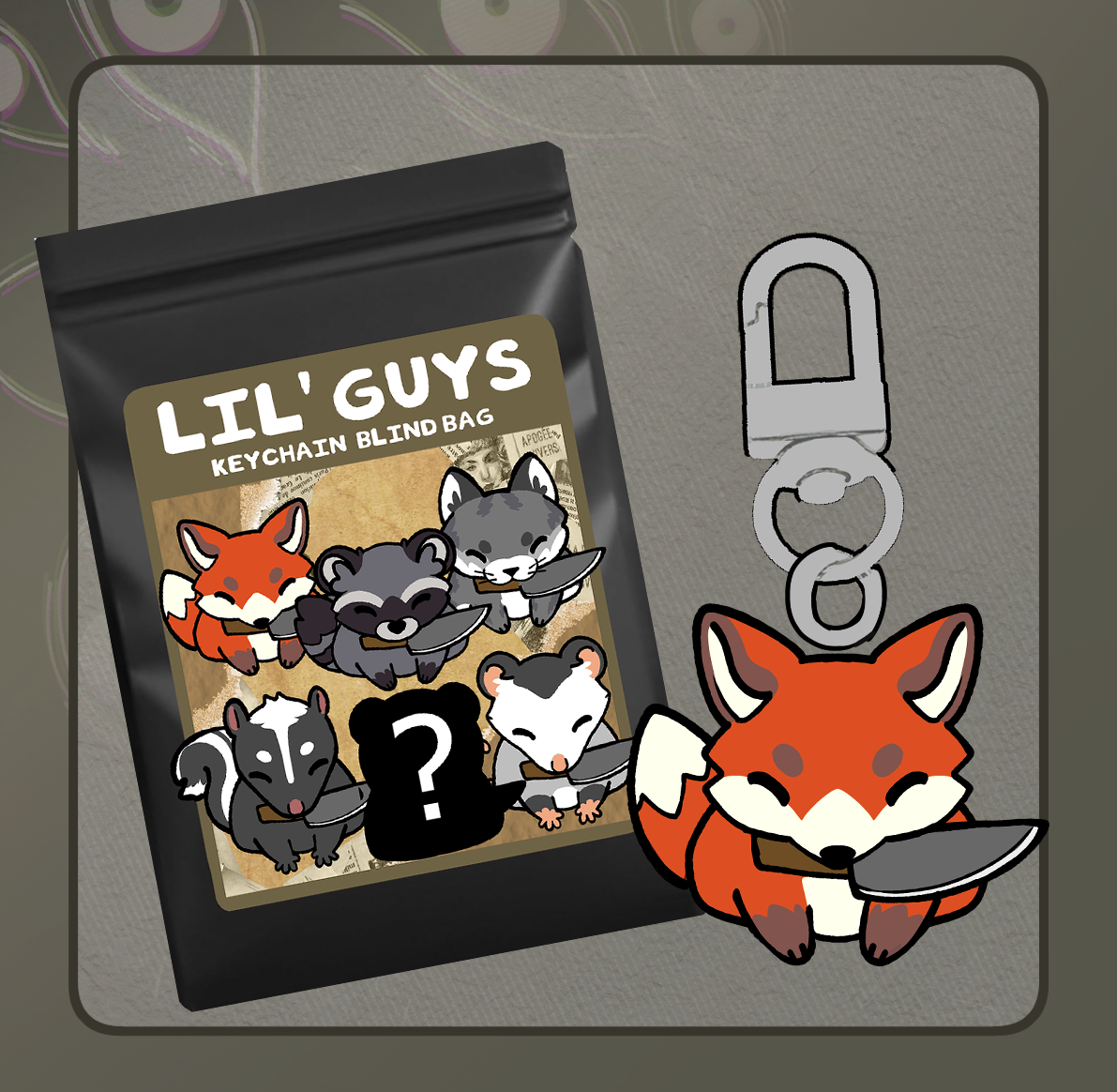 Colorful Lil Guys Blind Bag by Deerbits Studios with various small collectible toy figures inside.